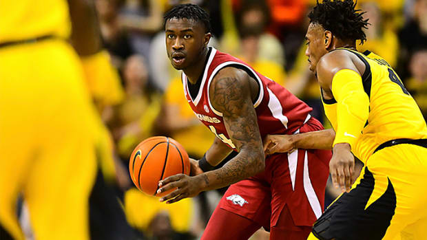 Arkansas Razorbacks guard Davonte Davis against the Missouri Tigers on Wednesday night, Jan. 18, 2023, in Columbia, Mo.